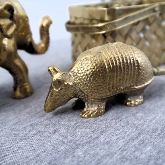 Vintage Brass Armadillo Elephant and Woven Brass Basket Sculptures Set of 3 - Picture 7 of 13